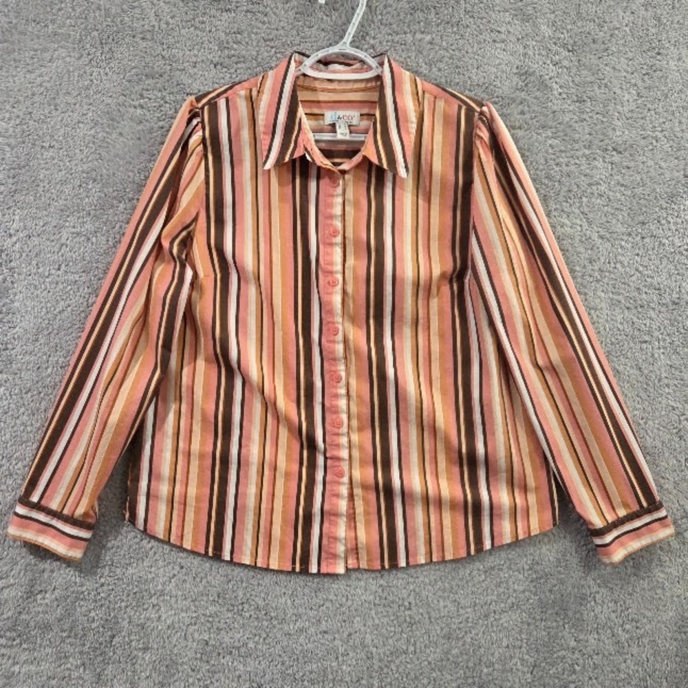 D‎ & Co. Top Women's Size Medium Pink Brown Striped Long Sleeve Button Up Shirt